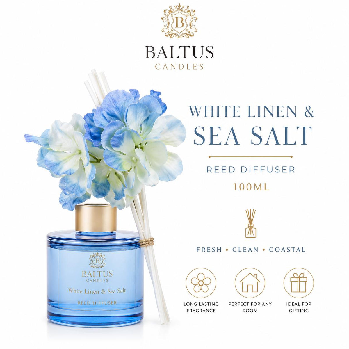 Baltus White Linen & Sea Salt Reed Diffuser 100ml – Fresh Clean Coastal Home Fragrance