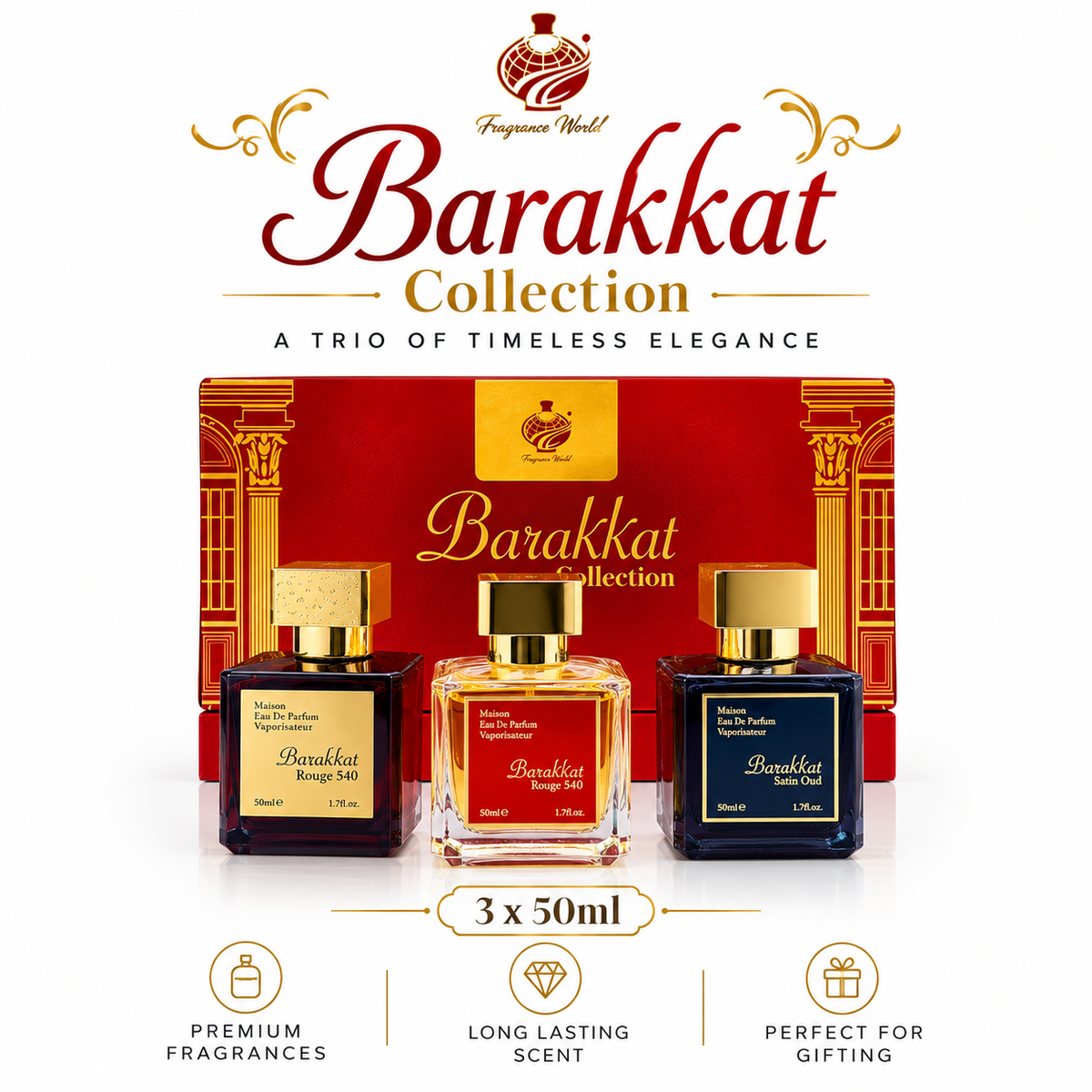 Barakkat Collection 3 X 50ml Gift Set – Satin Oud, Rouge 540 & Gentle Gold